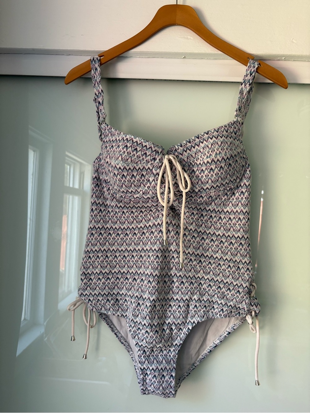 Modcloth Girls' Blue and White Patterned One-Piece Swimsuit with Tie Accents